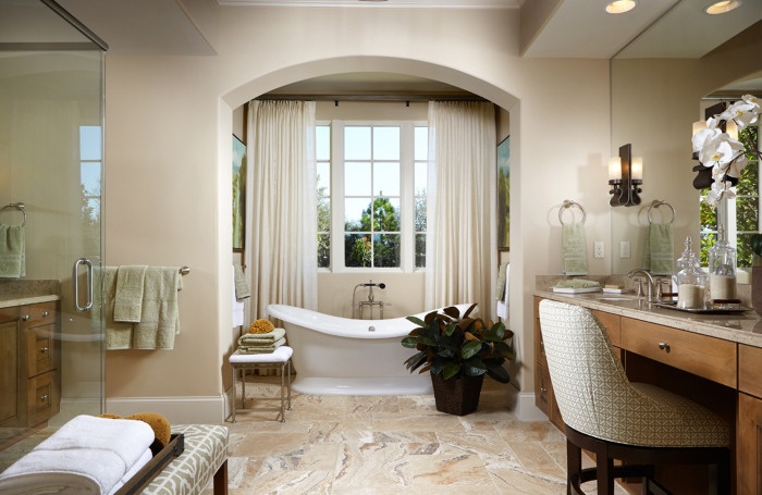 The master bathroom in the Girona features a top trend in luxury Sarasota homes